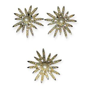 Vintage EMMONS Signed Gold Tone & Rhinestone Star Burst Earrings & Brooch Set